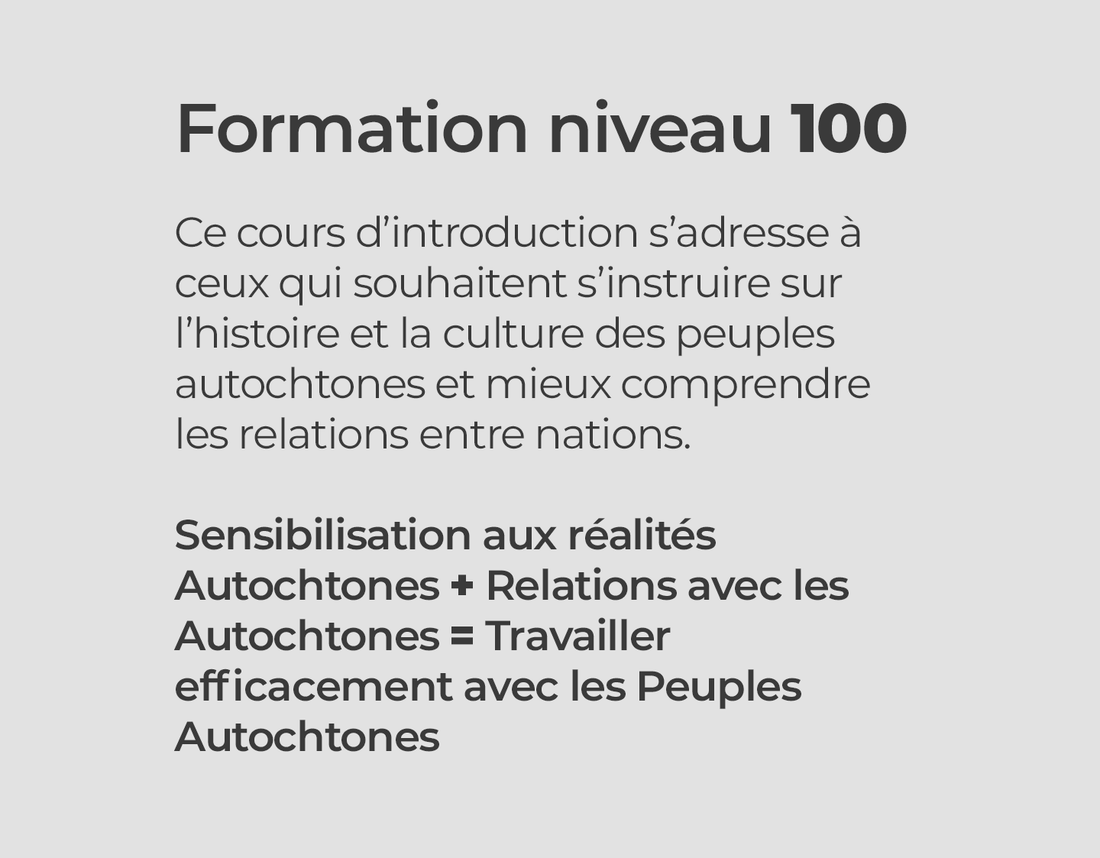 Formation niveau 100

Ce cours d’introduction s’adresse à ceux qui souhaitent s’instruire sur l’histoire et la culture des peuples autochtones et mieux comprendre les relations entre nations.

Sensibilisation aux réalités Autochtones + Relations avec les Autochtones = Travailler efficacement avec les Peuples Autochtones 