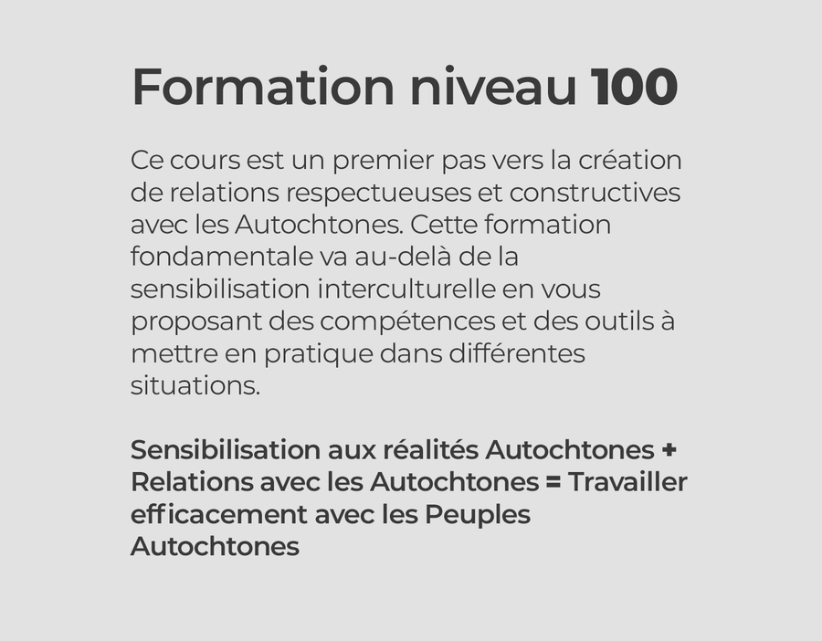 Formation niveau 100

Ce cours est un premier pas vers la création de relations respectueuses et constructives avec les Autochtones. Cette formation fondamentale va au-delà de la sensibilisation interculturelle en vous proposant des compétences et des outils à mettre en pratique dans différentes situations.

Sensibilisation aux réalités Autochtones + Relations avec les Autochtones = Travailler efficacement avec les Peuples Autochtones 