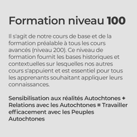 Formation niveau 100

Il s'agit de notre cours de base et de la formation préalable à tous les cours avancés (niveau 200). Ce niveau de formation fournit les bases historiques et contextuelles sur lesquelles nos autres cours s'appuient et est essentiel pour tous les apprenants souhaitant appliquer leurs connaissances.

Sensibilisation aux réalités Autochtones + Relations avec les Autochtones = Travailler efficacement avec les Peuples Autochtones 