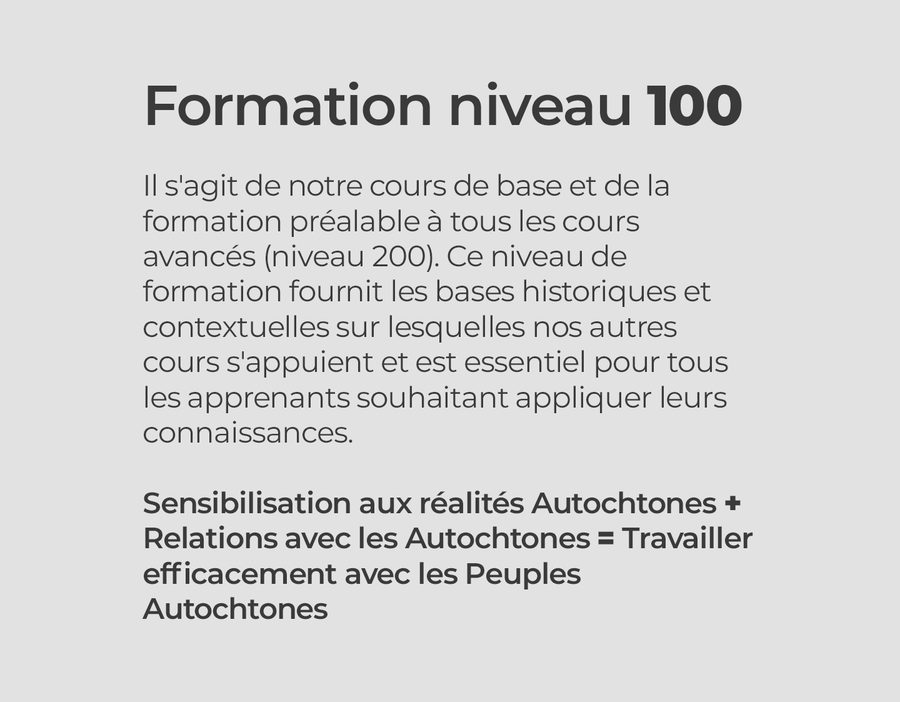 Formation niveau 100

Il s'agit de notre cours de base et de la formation préalable à tous les cours avancés (niveau 200). Ce niveau de formation fournit les bases historiques et contextuelles sur lesquelles nos autres cours s'appuient et est essentiel pour tous les apprenants souhaitant appliquer leurs connaissances.

Sensibilisation aux réalités Autochtones + Relations avec les Autochtones = Travailler efficacement avec les Peuples Autochtones 